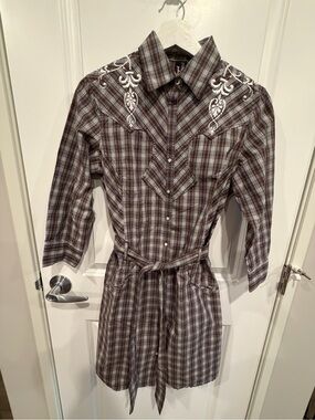 RU Cowgirl Plaid Western Shirt Dress with Embroidered Yoke and Belt